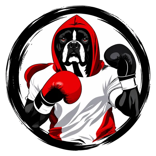 Logo Dream Box Team: Boxerhund im roten Hoodie mit Boxhandschuhen
